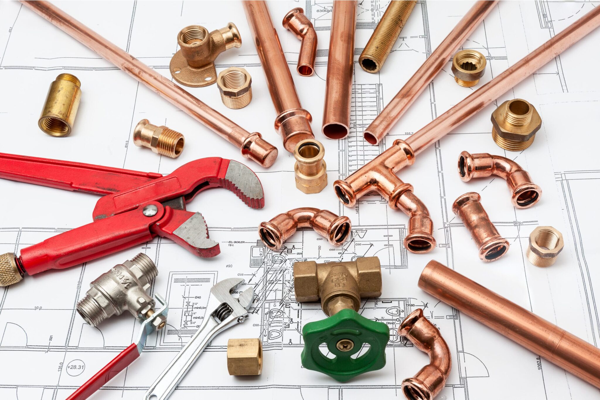 Copper pipes, fittings, valves, and plumbing tools in Pinellas Park