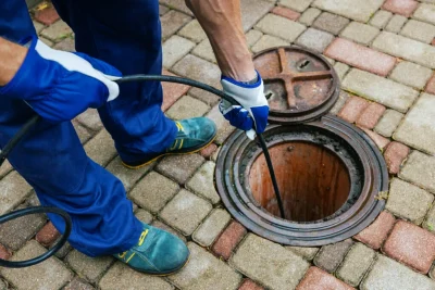 Plumber cleaning an outdoor sewer drain in Pinellas Park