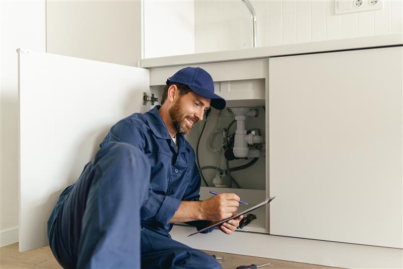 Residential plumber reviewing plumbing repairs in a Pinellas Park kitchen