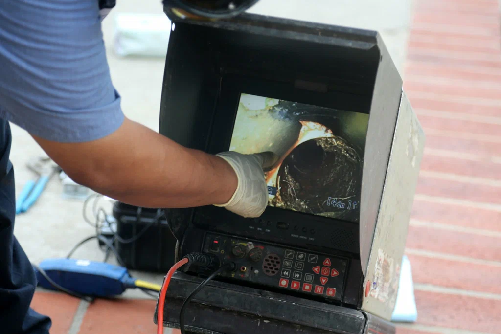 Technician viewing a drain inspection camera in Pinellas Park