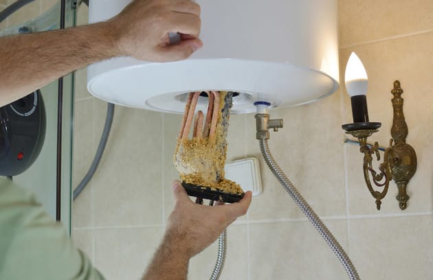 Technician removing mineral buildup from a water heater in Pinellas Park