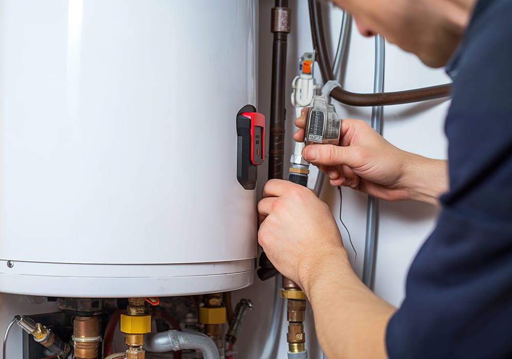 Technician repairing pipes connected to a water heater in Pinellas Park